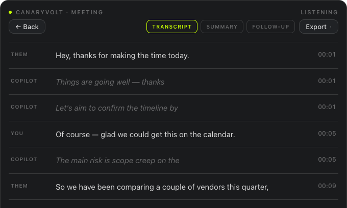 The CanaryVolt post-call view: a transcript with rows labeled Them, You, and Copilot, tabs for Transcript, Summary, and Follow-up, and an Export menu.